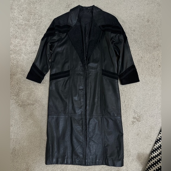 Vintage Black Contrasting Genuine Leather Trench Coat By Gitano Size S - Picture 12 of 13